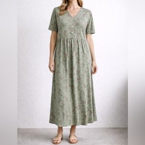 Coldwater Creek Cotton Floral Sage Green Maxi Dress